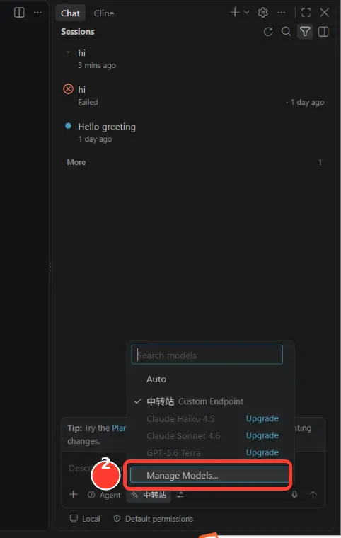 在 Copilot 模型菜单中点击 Manage Models