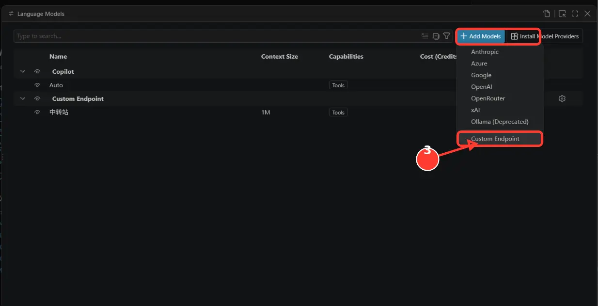 在 Add Models 菜单中选择 Custom Endpoint