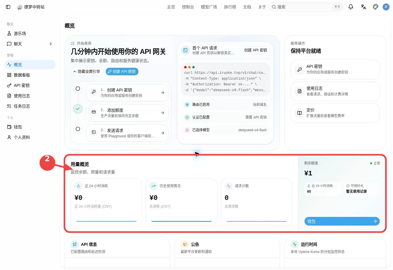 查看概览页中的剩余额度与请求统计